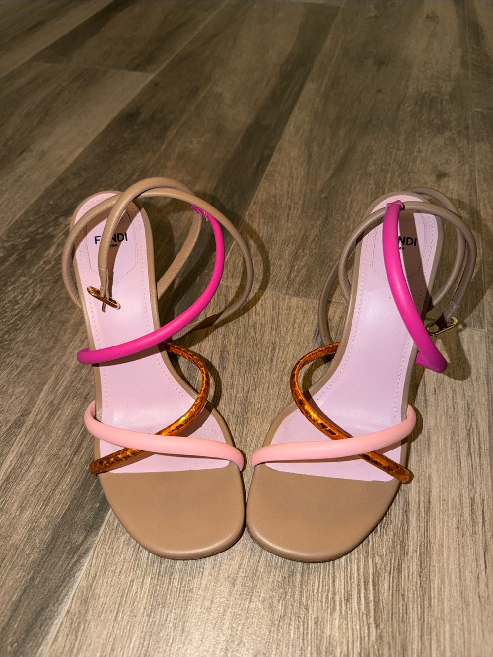 Fendi Pink, Light Pink & Tan Multi-Strap High-Heel Sandals